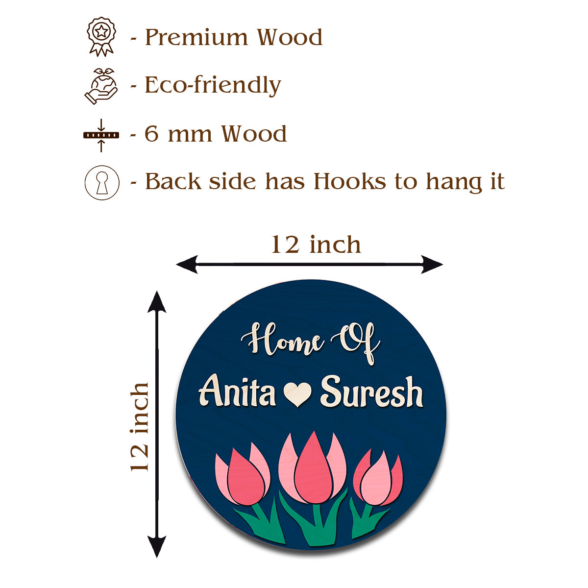 Size guide showing the 12x12 inch tulip-trio makan ka name plate for a main door