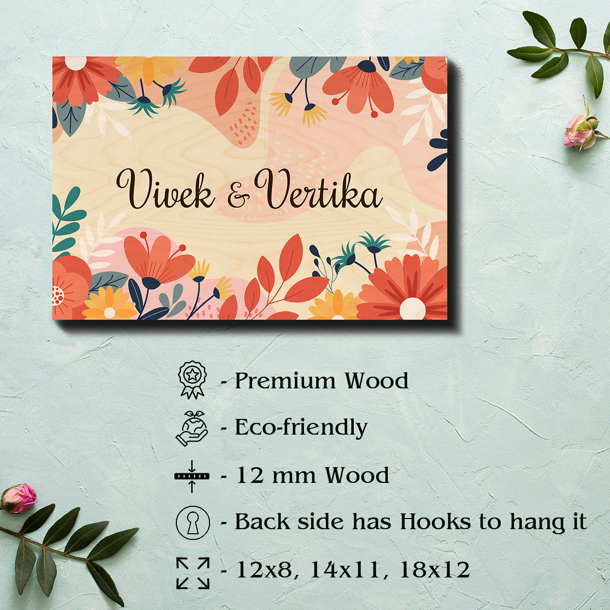 Personalised floral name plate with names centred on a printed wooden panel