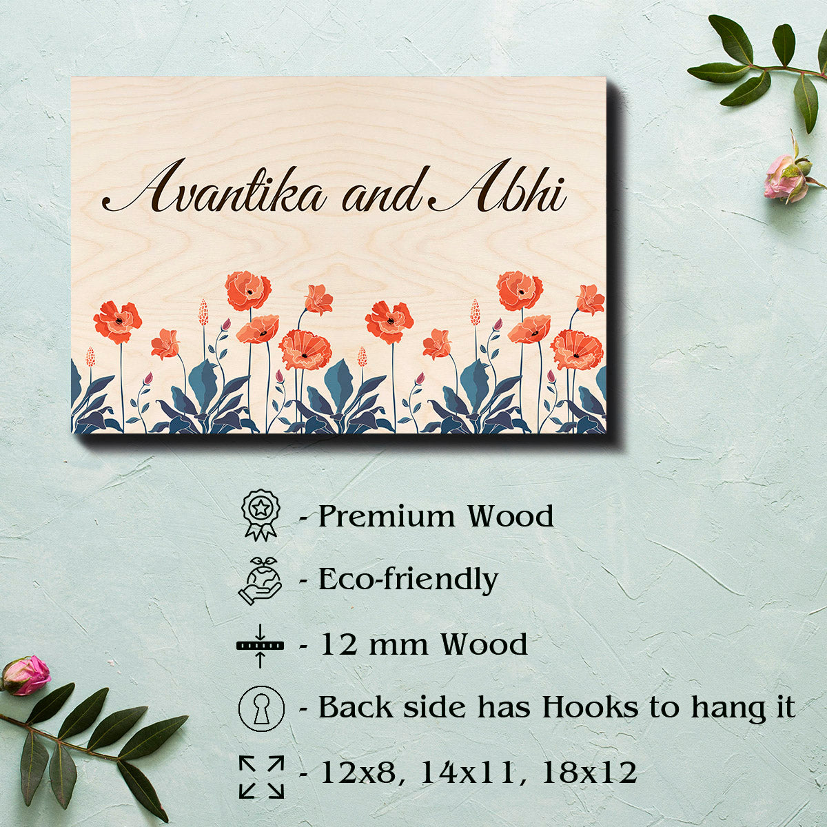 Personalised poppy couple name plate with both names on light birch wood