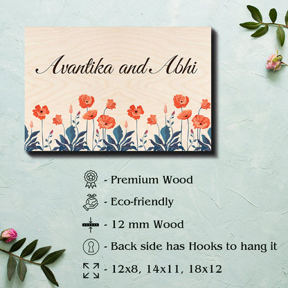 Personalised poppy couple name plate with both names on light birch wood