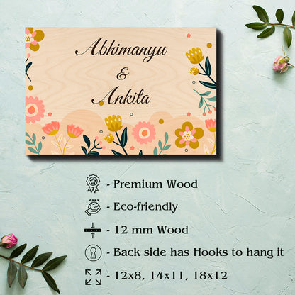 Personalised wooden floral name plate with couple names on cream birch