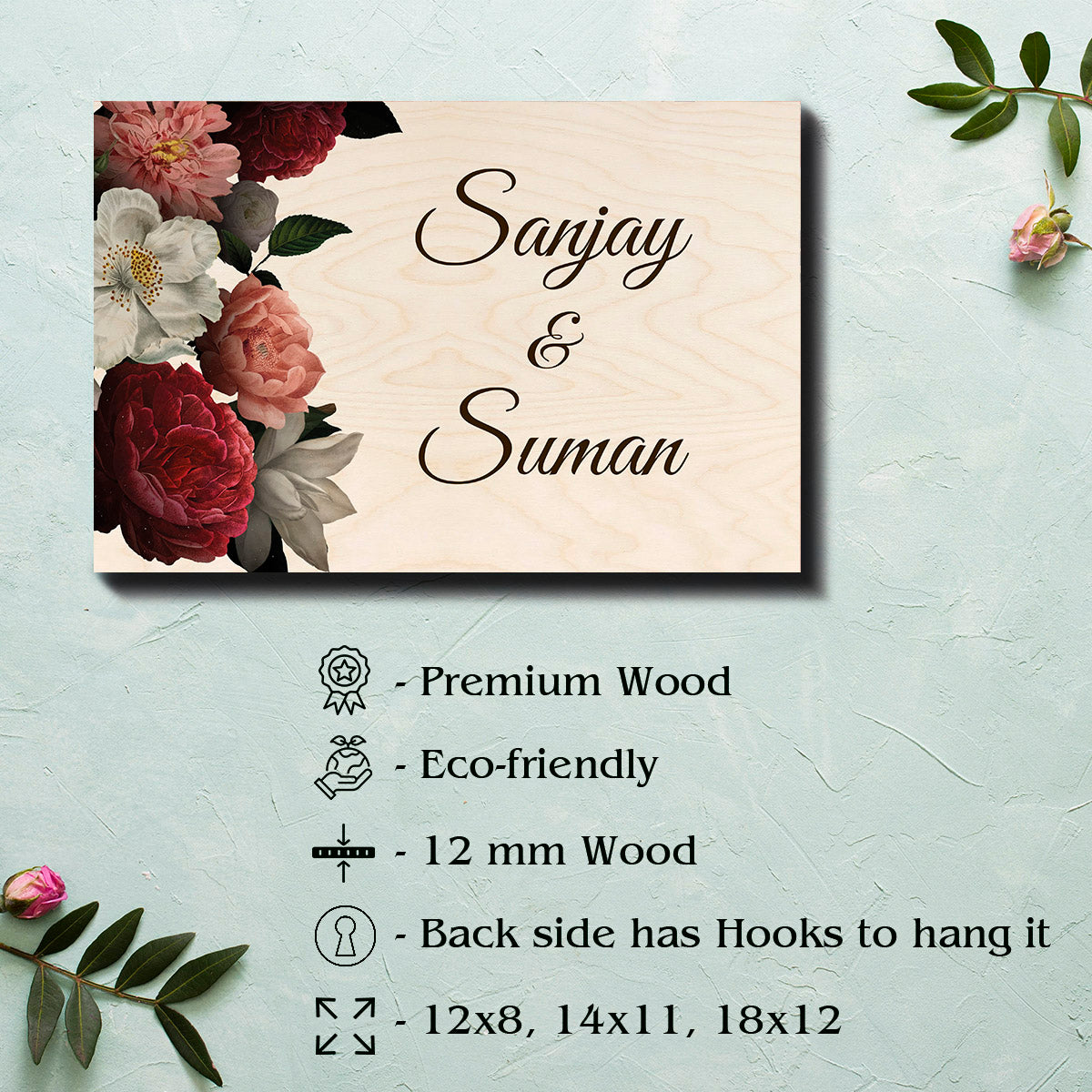 Personalised peony name plate with two names joined by an ampersand on birch