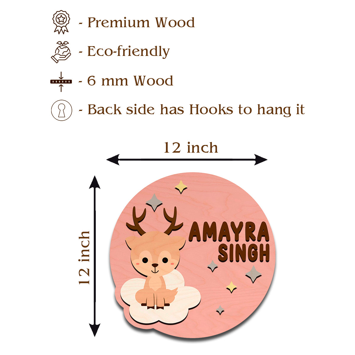 Personalised deer name plate for kids with child name in brown 3D letters on pink birch