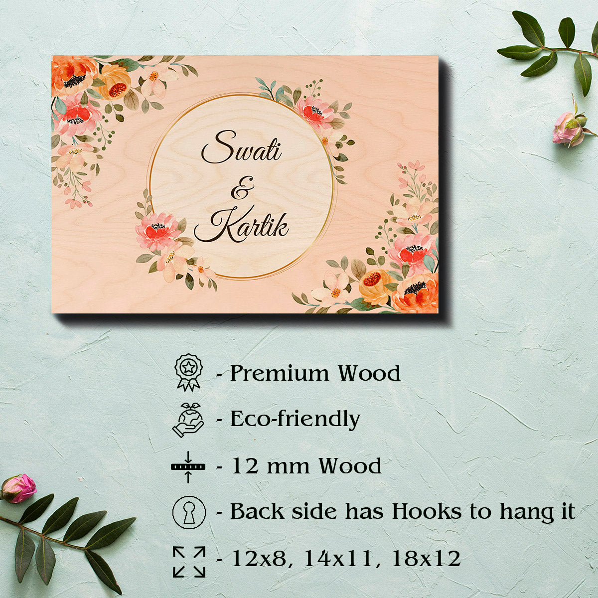 Personalised name board for flat with couple names inside gold ring on peach birch