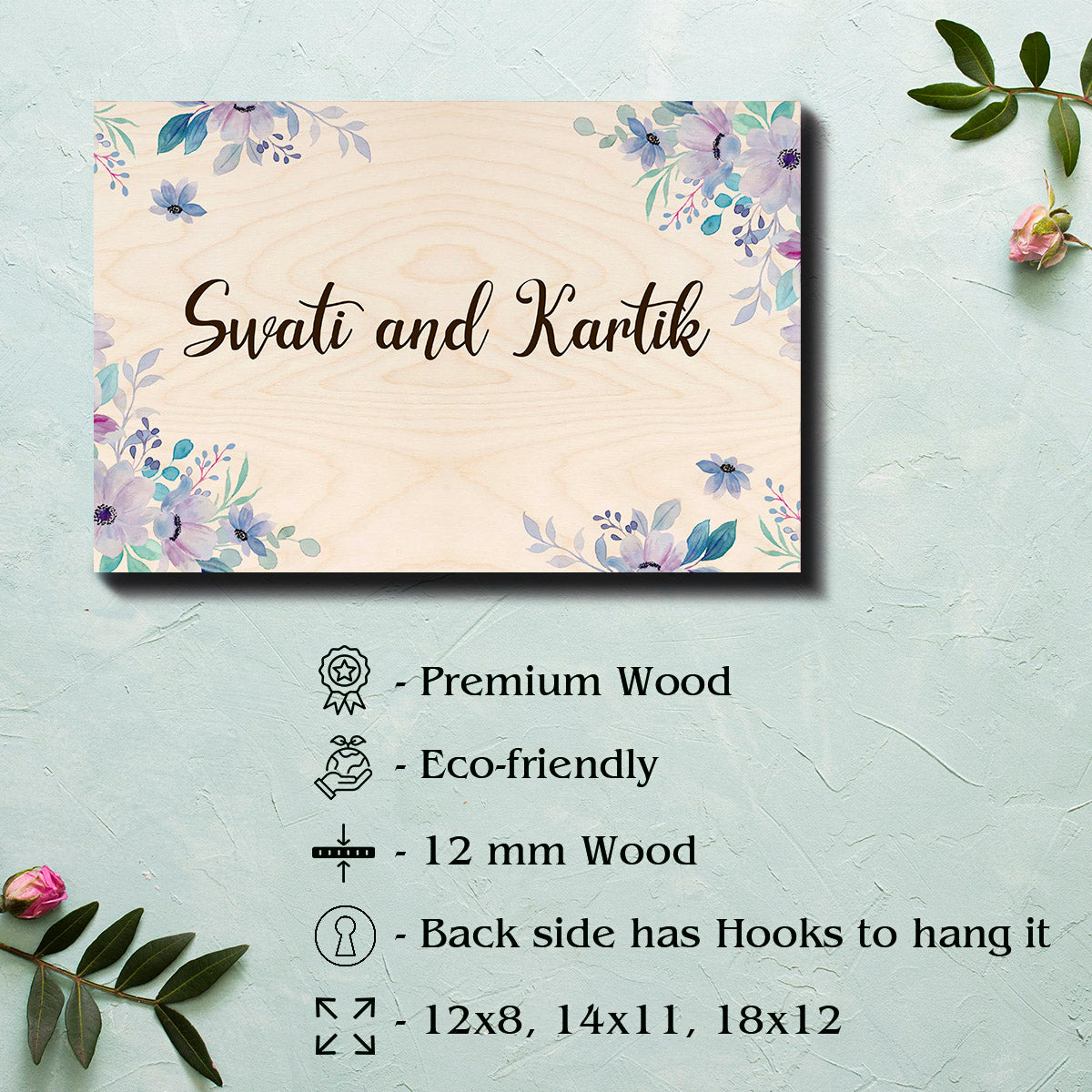 Personalised ivory name plate for a flat with a cursive name on light birch wood