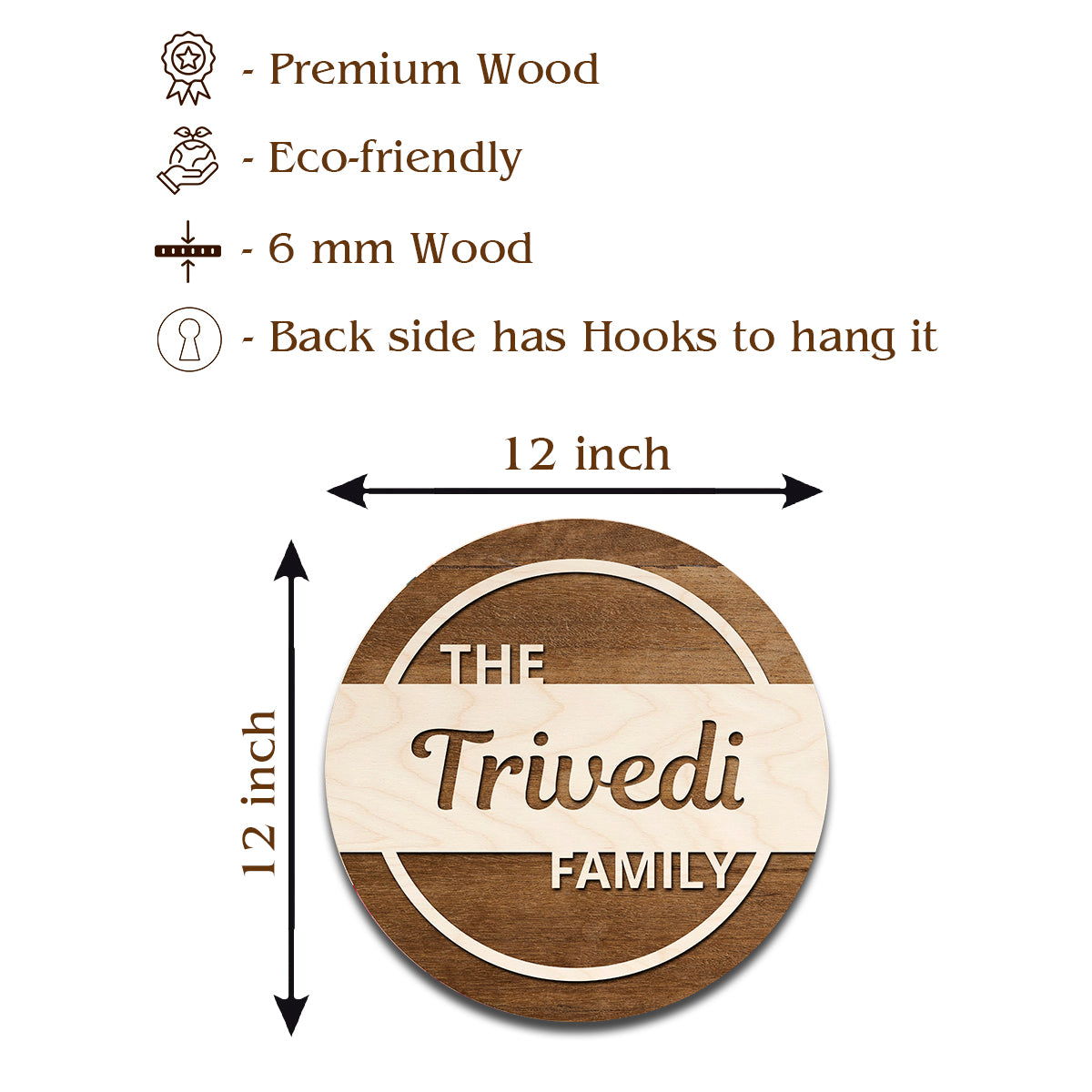 Size guide showing the 12x12 inch modern wood name plate for home