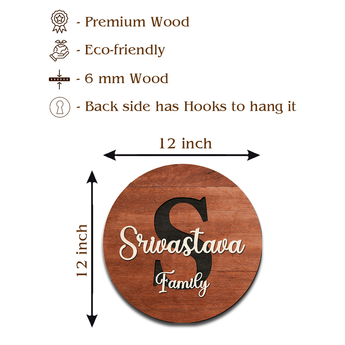Size guide for personalized name plate for home – 12x12 inch round walnut birch