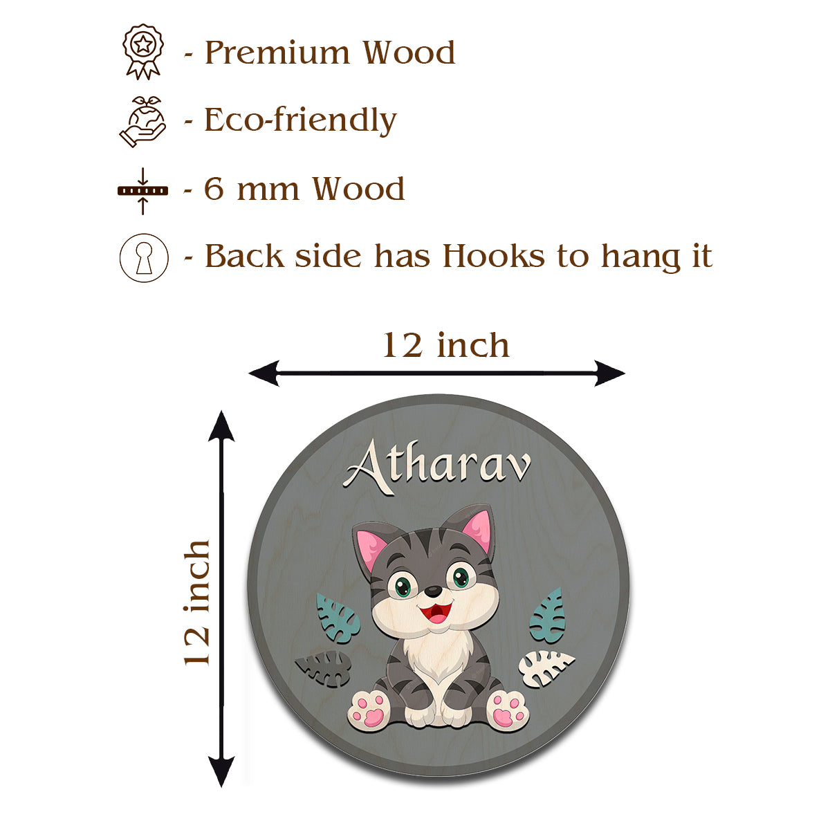 Personalised cat name plate with child's name in cream on round grey birch