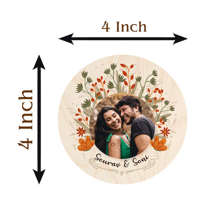 Couple Coaster Set in Wood – Round Photo with Names