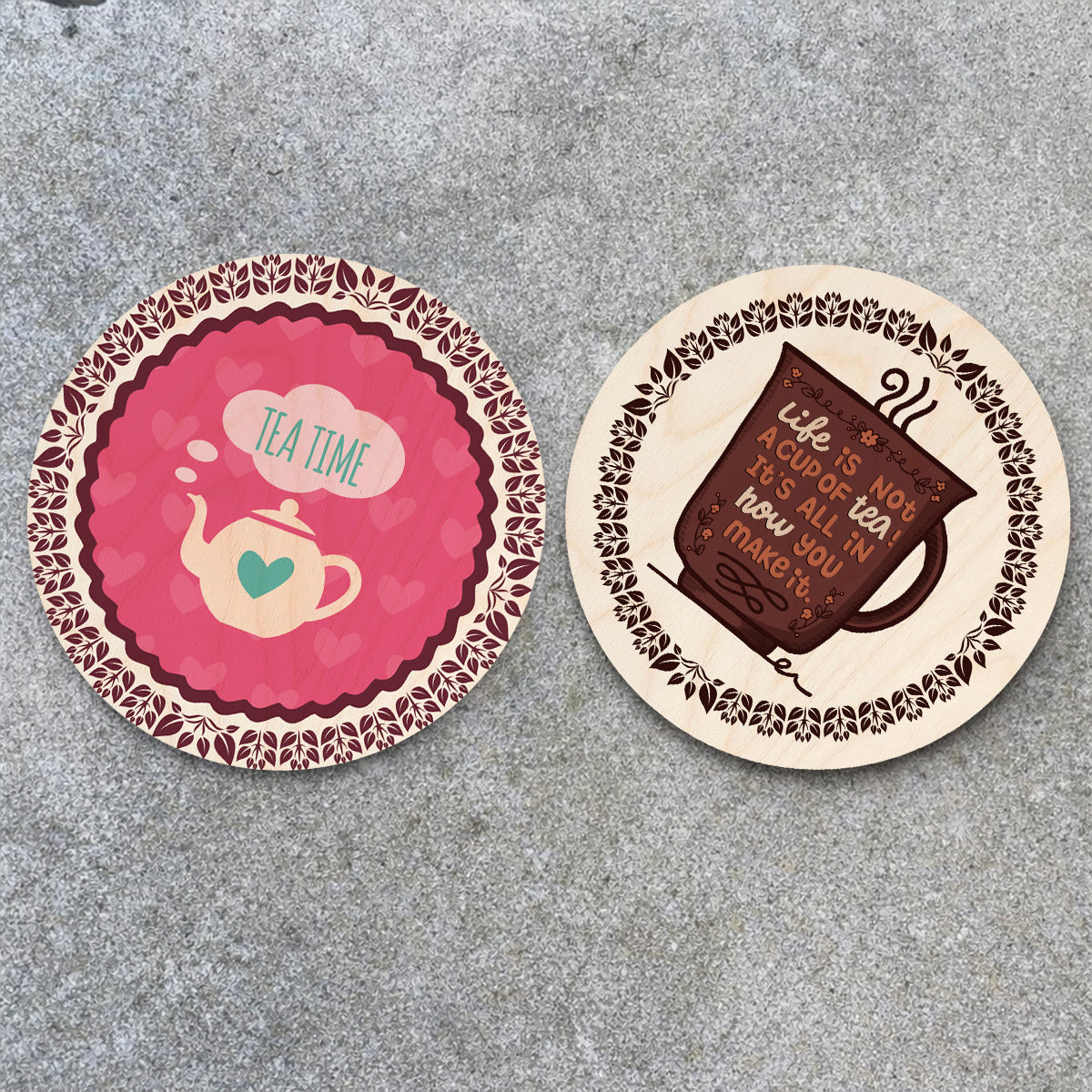 Tea Coaster Set in Wood with Round Quote Design for Tea Lovers