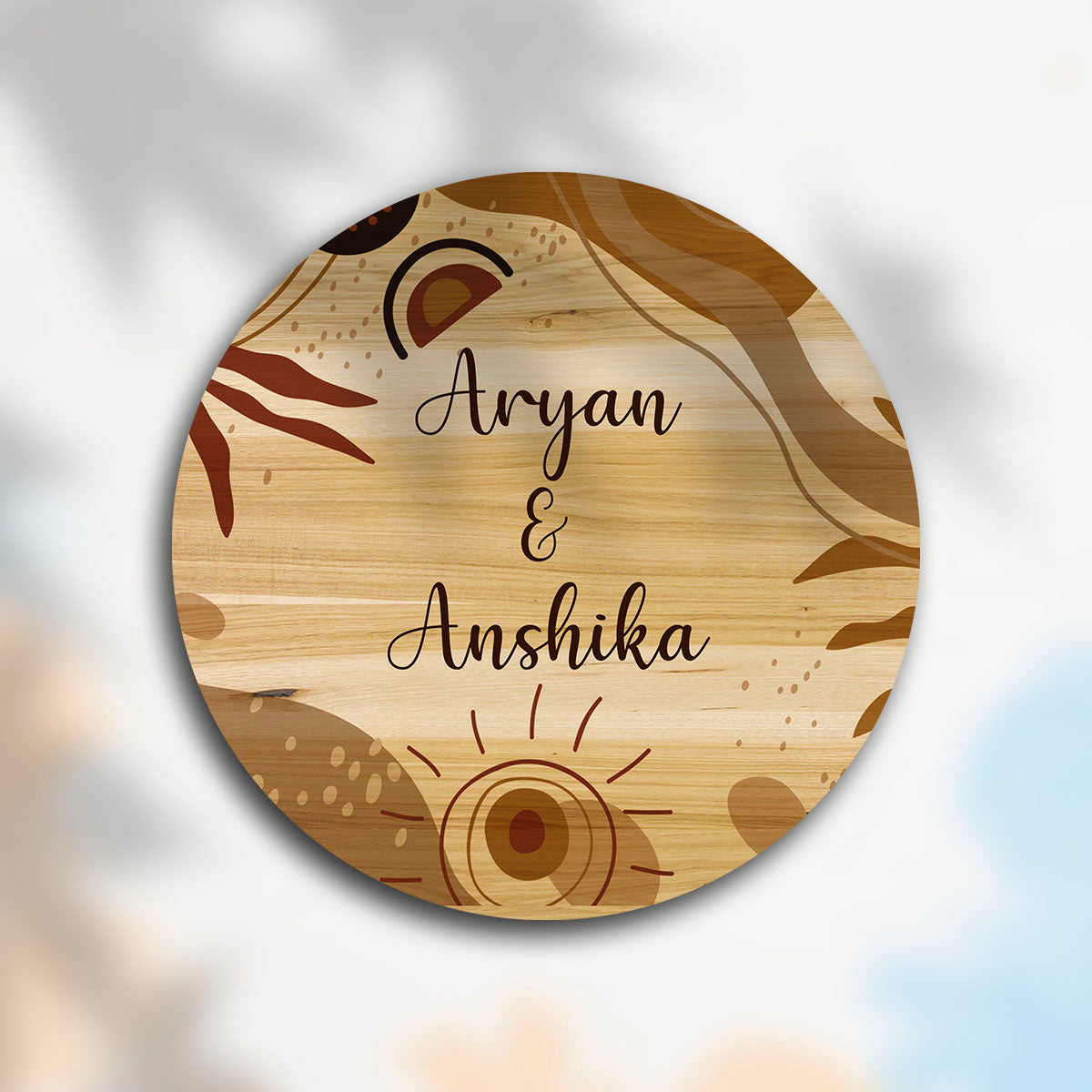 Round couple name plate for home – light birch with boho rustic sun and leaf motifs