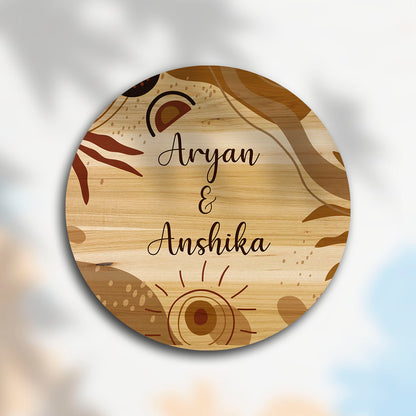 Round couple name plate for home – light birch with boho rustic sun and leaf motifs