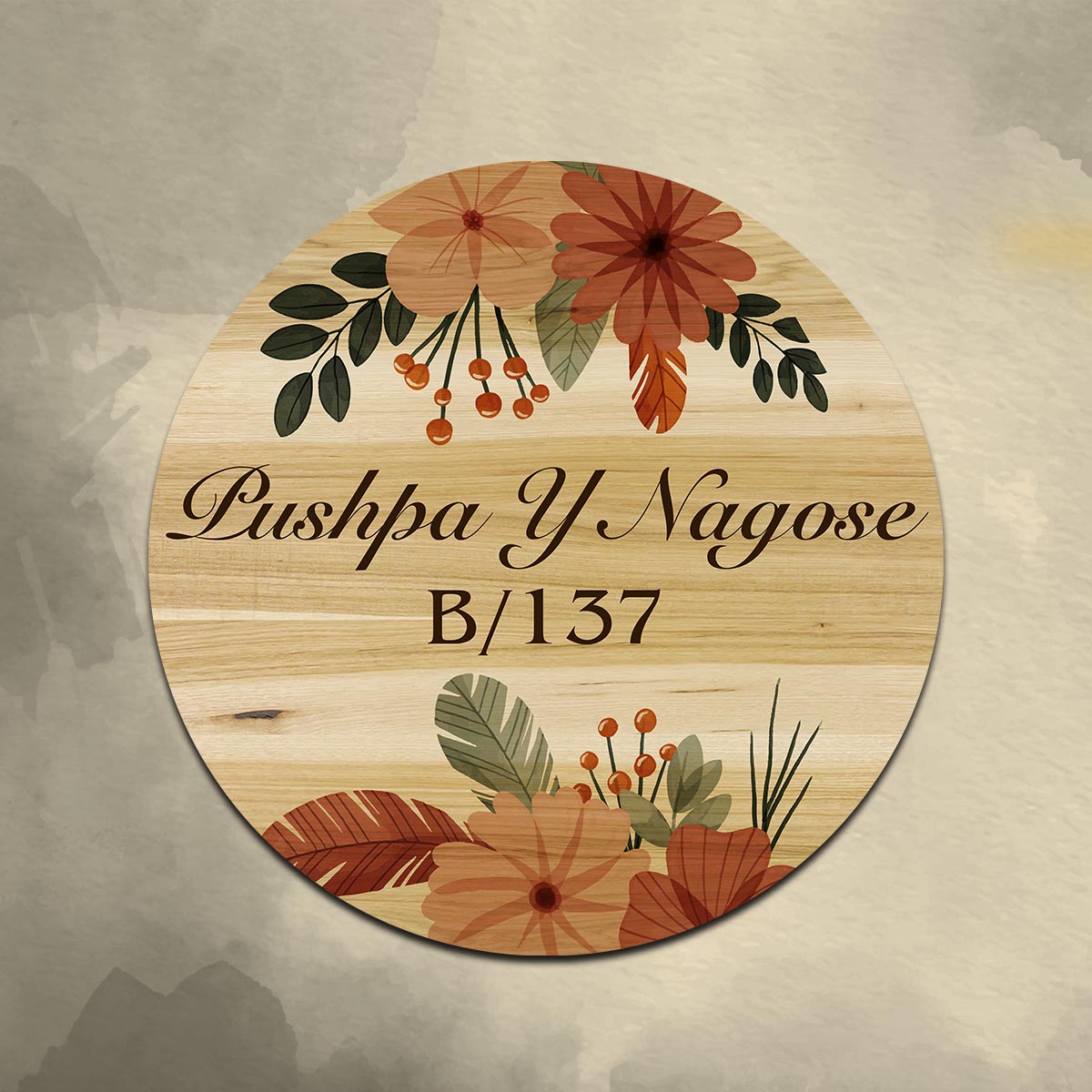 boho name plate design for house – folk motif printed birch wood 12x12 inch