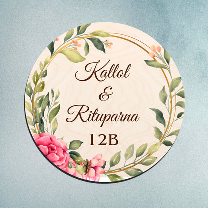 scattered bloom couple name plate – Round 12x12 birch wood name plate with scattered bloom floral design