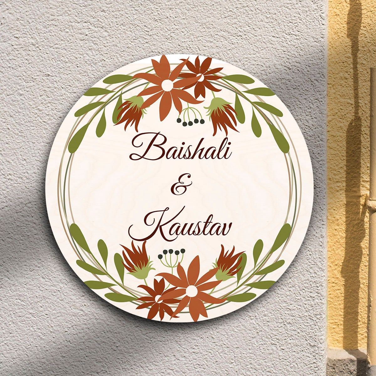 Floral round name board – cream birch with rust-orange floral wreath border