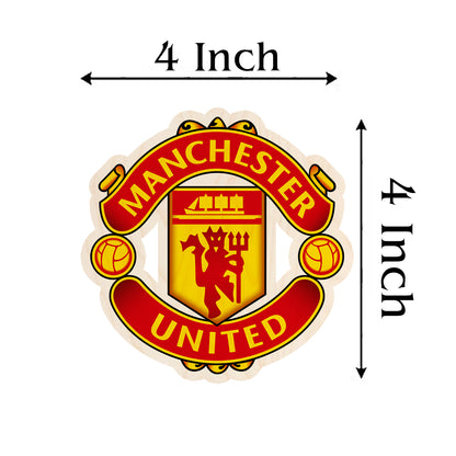 Held in hand for scale, real-world 4x4 inch for this manchester united fridge magnet, in birch wood.