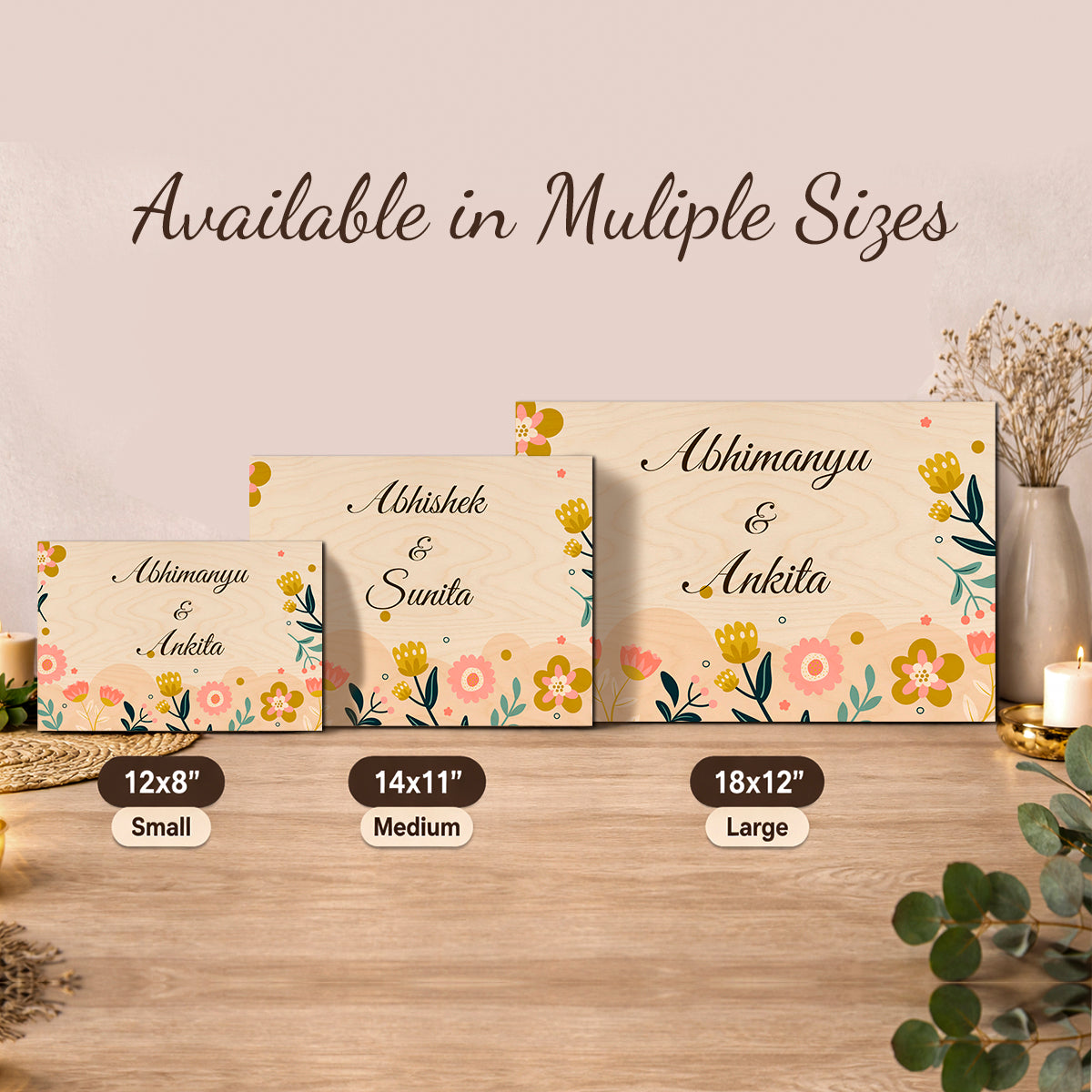 Size guide for wooden floral name plate – 12x8, 18x12 and 14x11 inch options