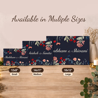 Size guide for dark floral couple name plate – 12x8 to 12x18 inch birch