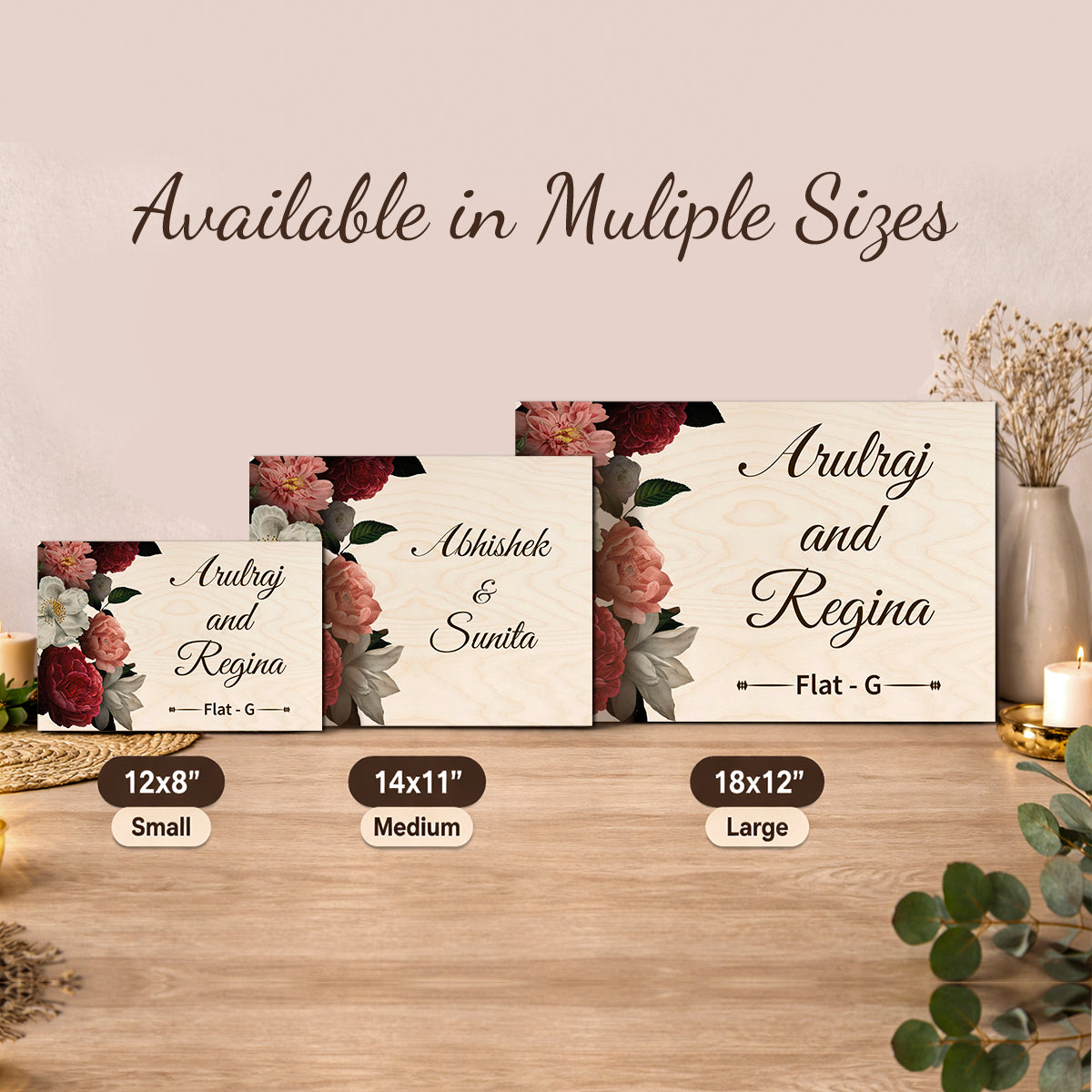 Size guide showing the 12x18, 12x8 and 14x11 inch wooden name plate