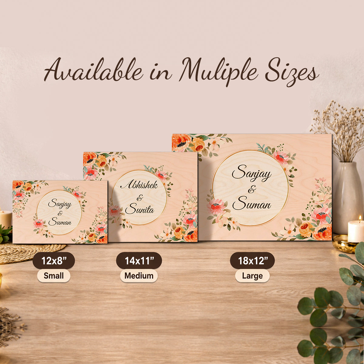 Size guide for name board for flat – 12x18, 12x8 and 14x11 inch peach birch