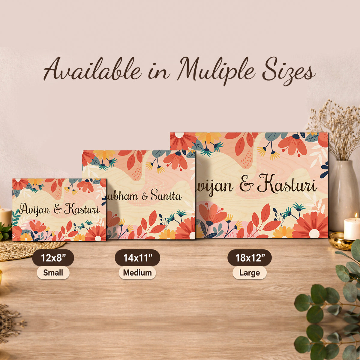 Size guide showing the 12x18, 12x8 and 14x11 inch wooden name plate