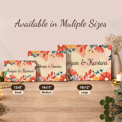 Size guide showing the 12x18, 12x8 and 14x11 inch wooden name plate