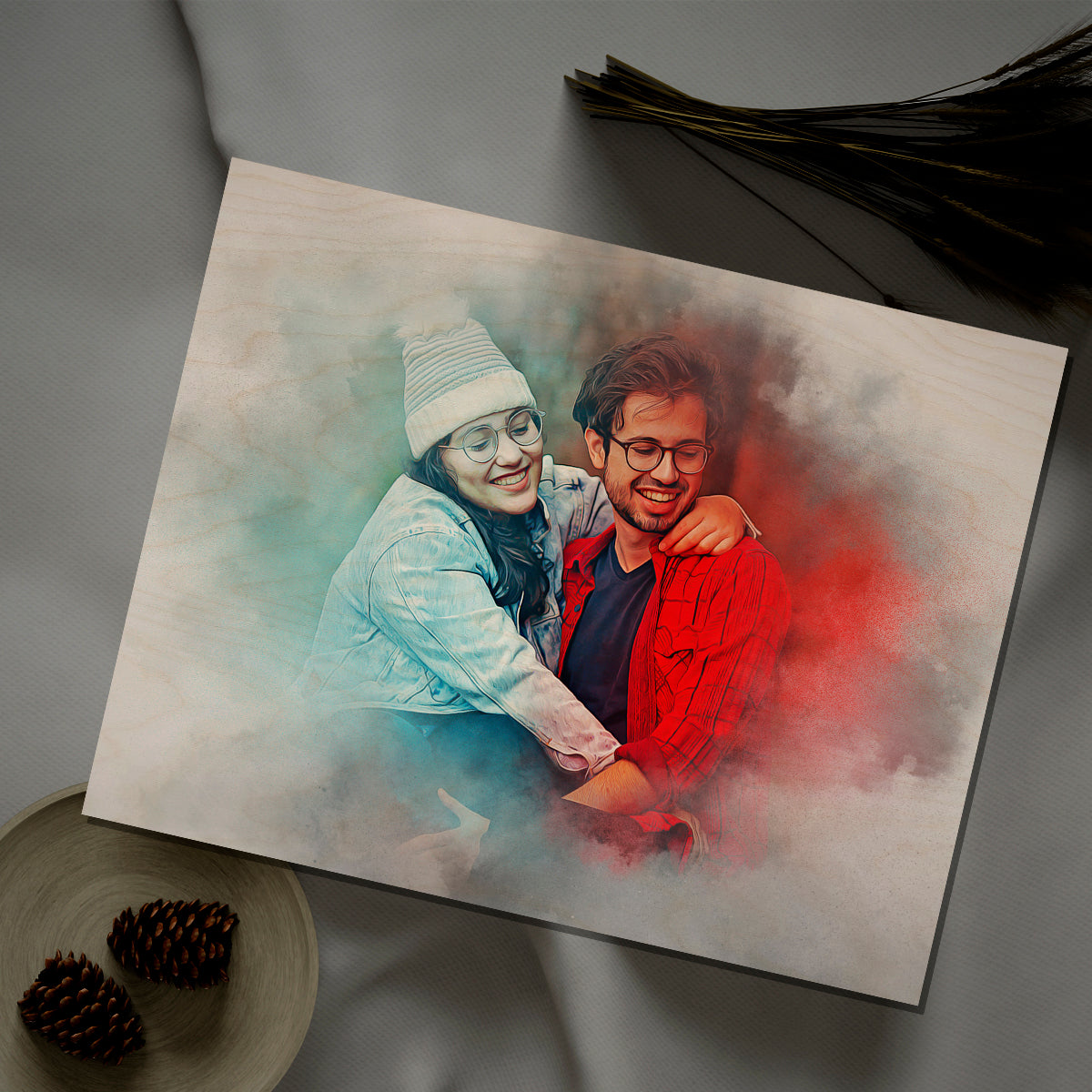 Watercolor Couple Portrait Print on Wood with Personalized Art