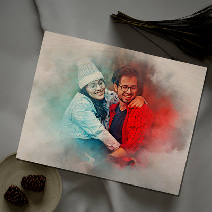 Watercolor Couple Portrait Print on Wood with Personalized Art