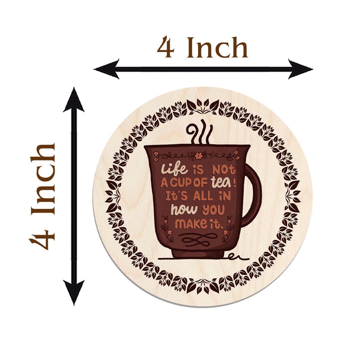 Tea Coaster Set in Wood with Round Quote Design for Tea Lovers