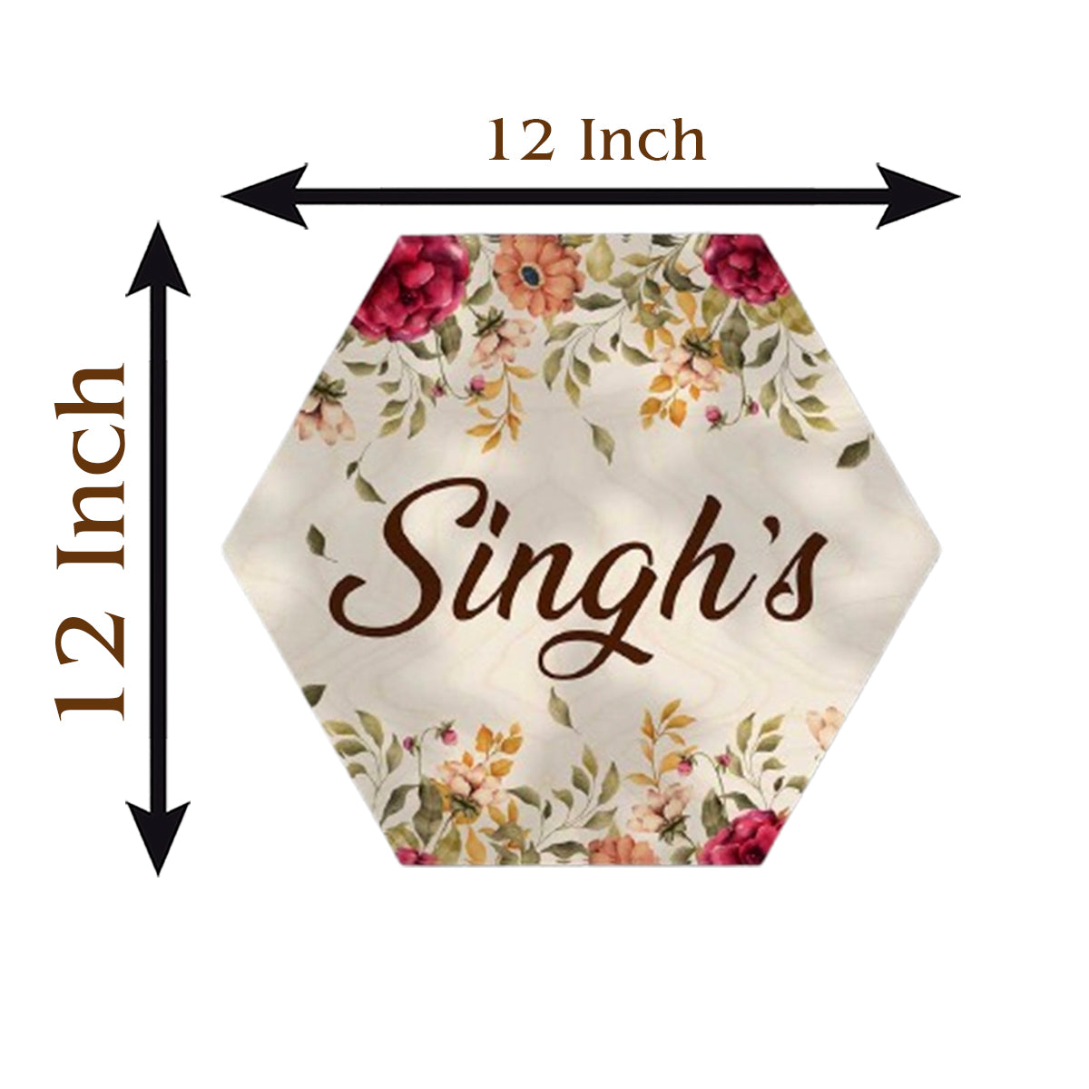 Size guide for hexagon name plate – 12x12 inch birch floral options