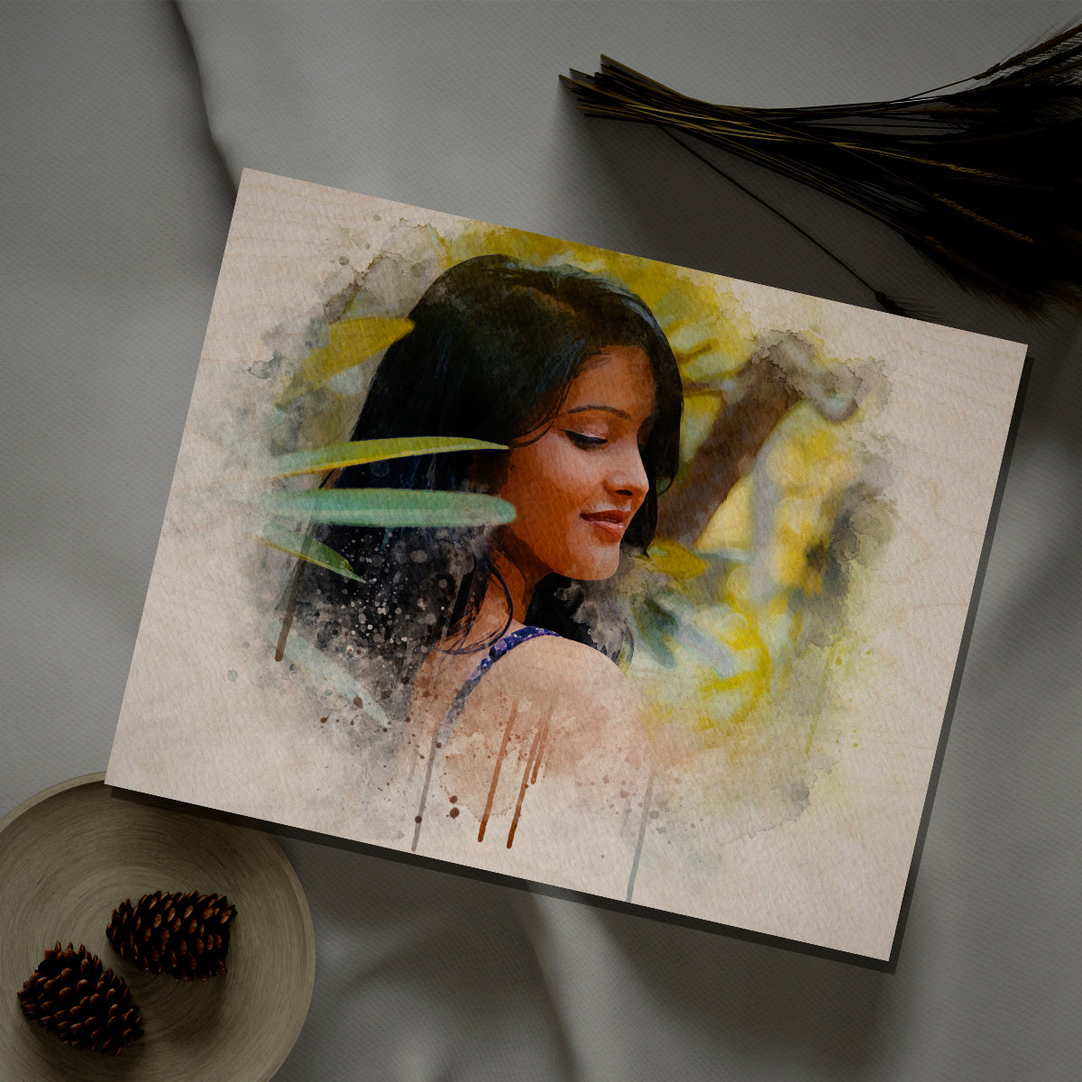 Watercolor Portrait Wall Art on Wood with Personalized Photo Design