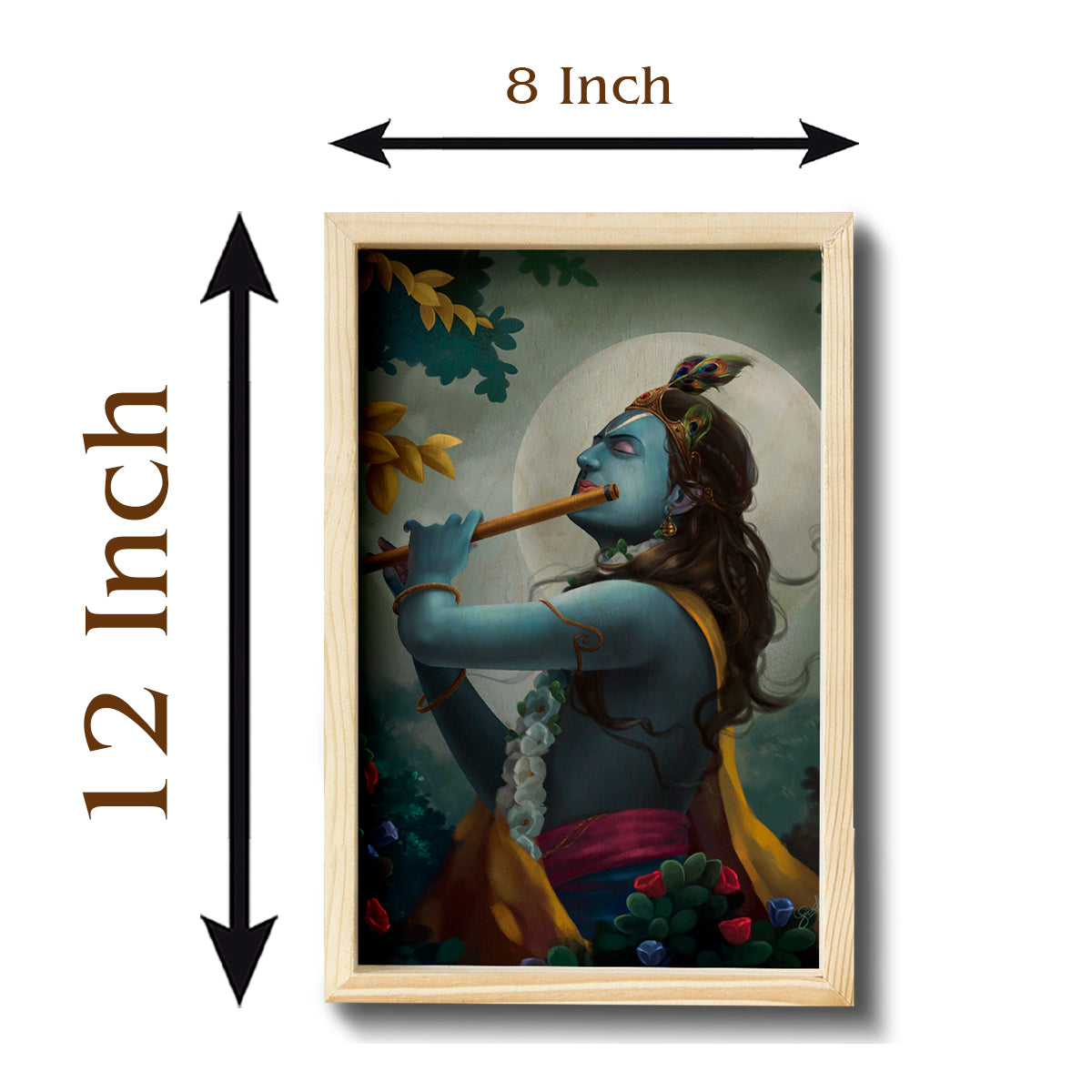 Krishna Wooden Frame Wall Art with Pine Border Devotional Design