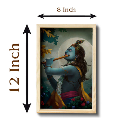 Krishna Wooden Frame Wall Art with Pine Border Devotional Design