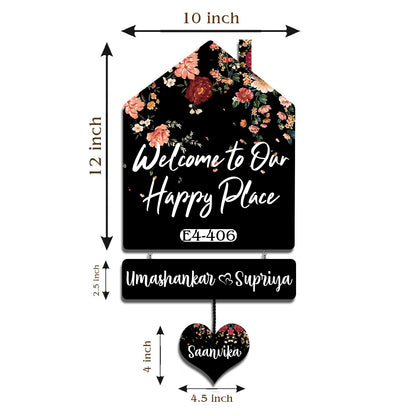 Floral Hut Name Board – Black Silhouette for House