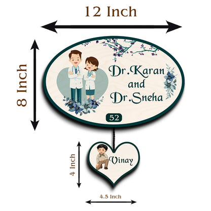 Oval Doctor Couple Name Plate for Home with Kid Tag