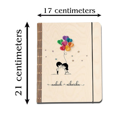 Cute Couple Notebook in Wood with Personalized Balloon Design