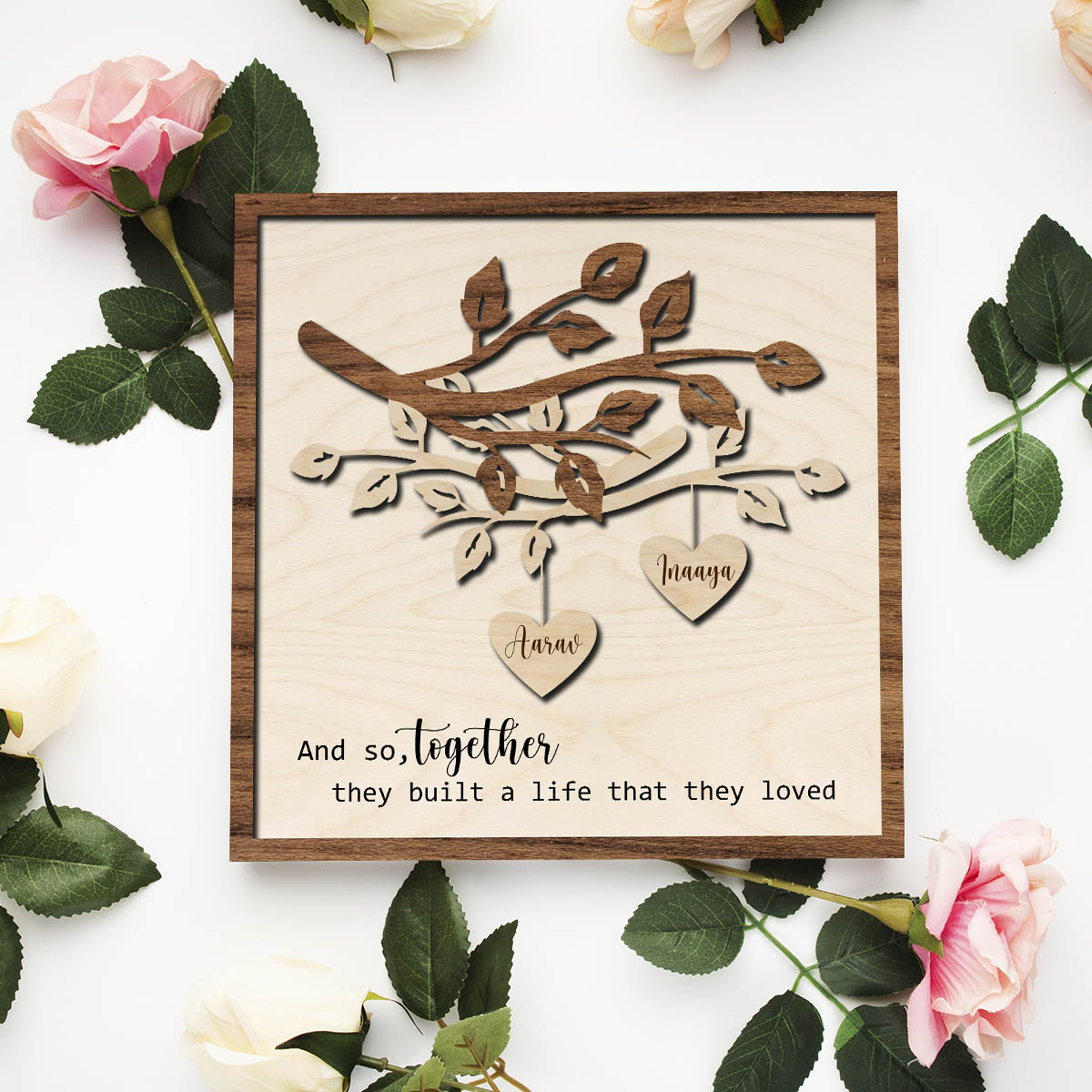 Anniversary Couple Wood Print with Floral Tree Personalized - Sblossom