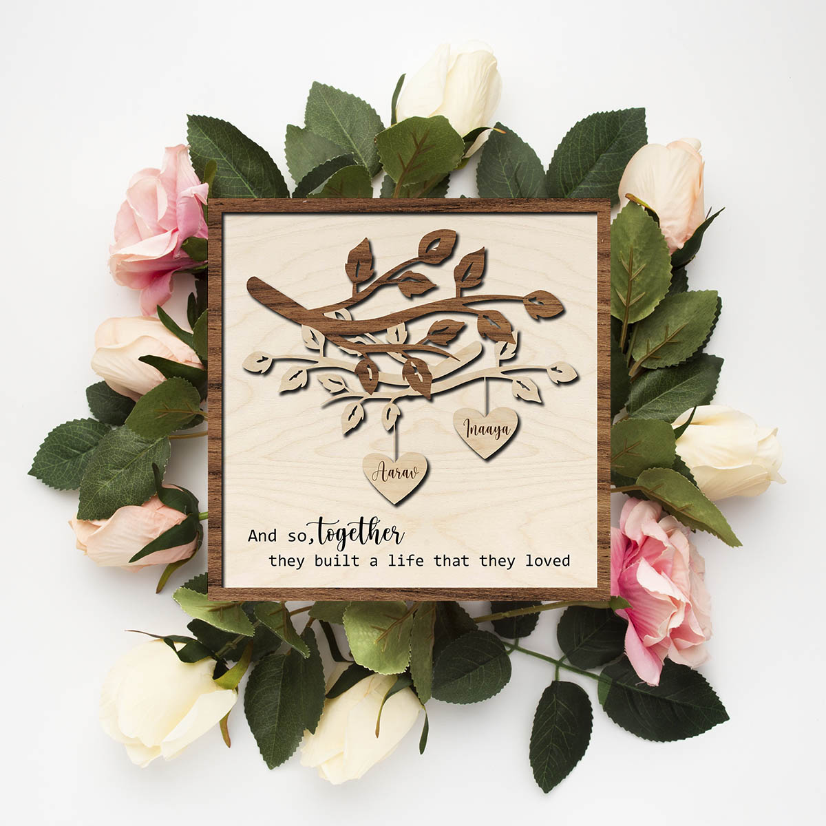 Anniversary Couple Wood Print with Floral Tree Personalized - Sblossom