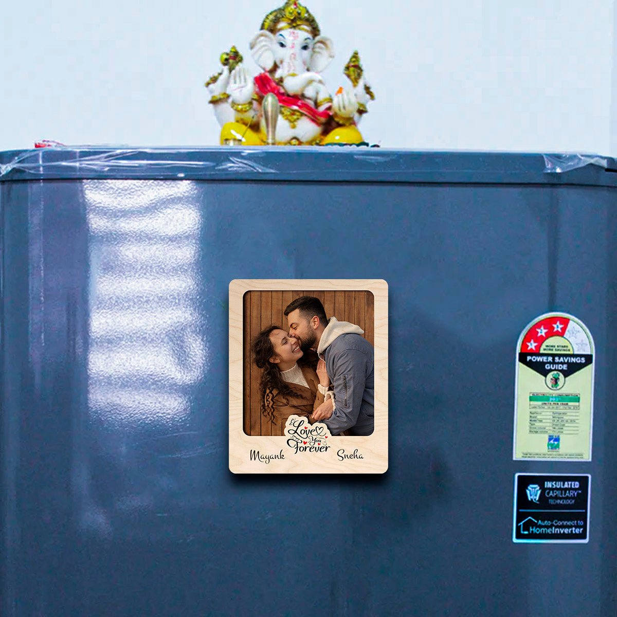 Anniversary Fridge Magnet Photo in Wood with Cursive Cutout - Sblossom
