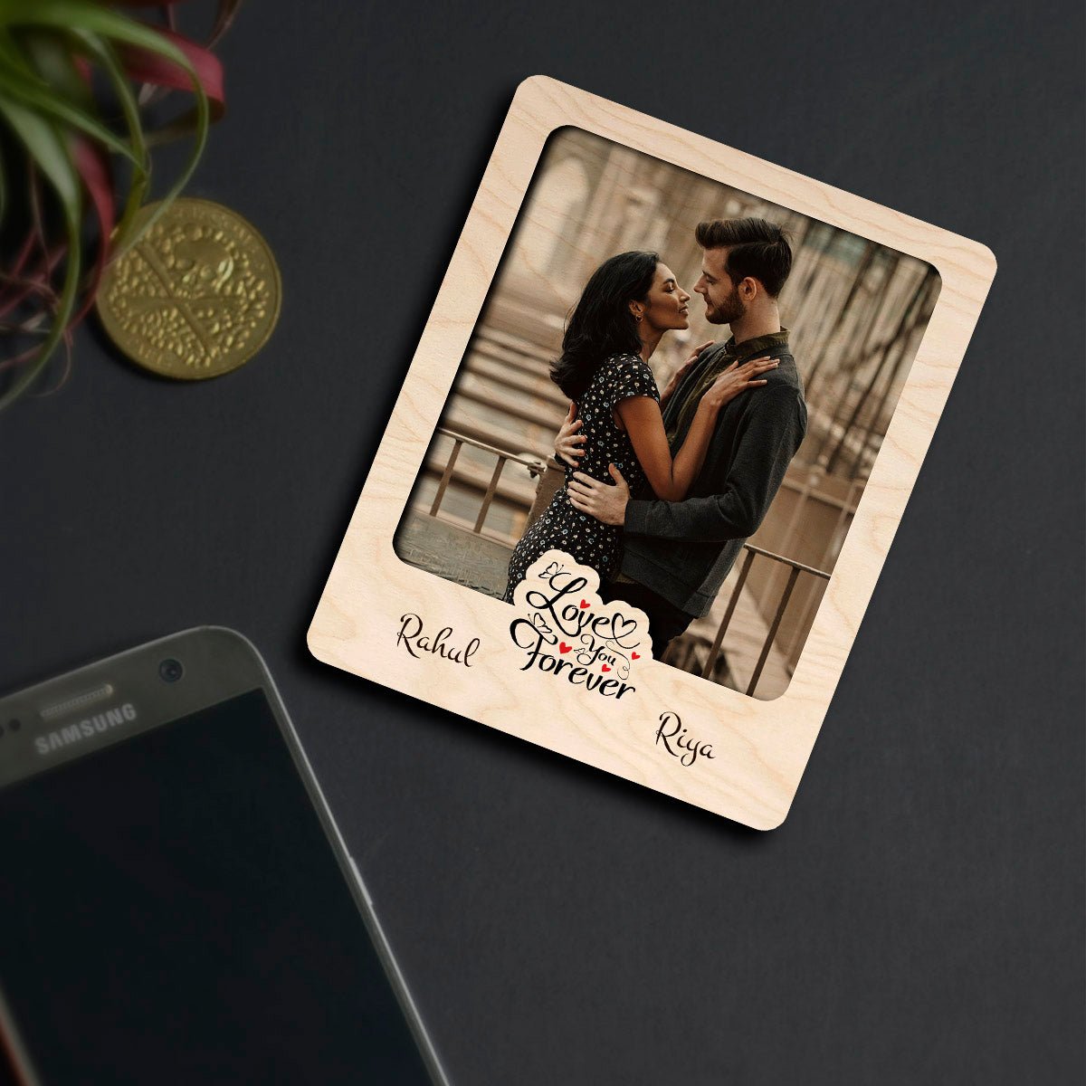 Anniversary Fridge Magnet Photo in Wood with Cursive Cutout - Sblossom