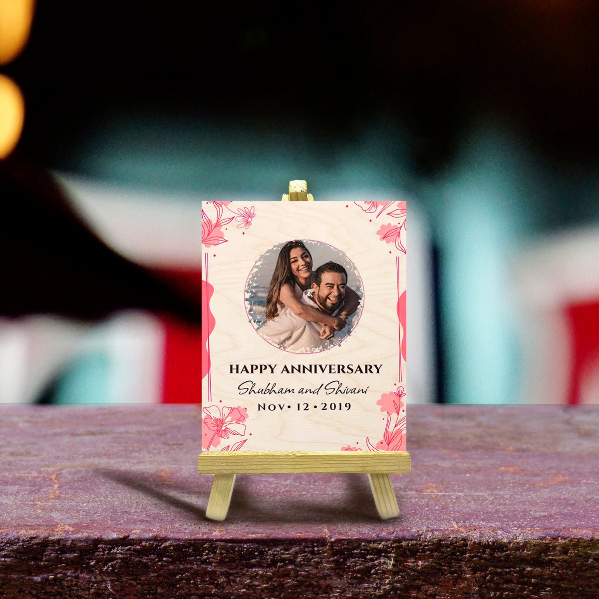Anniversary Wood Print – Floral Border Couple Photo - Sblossom