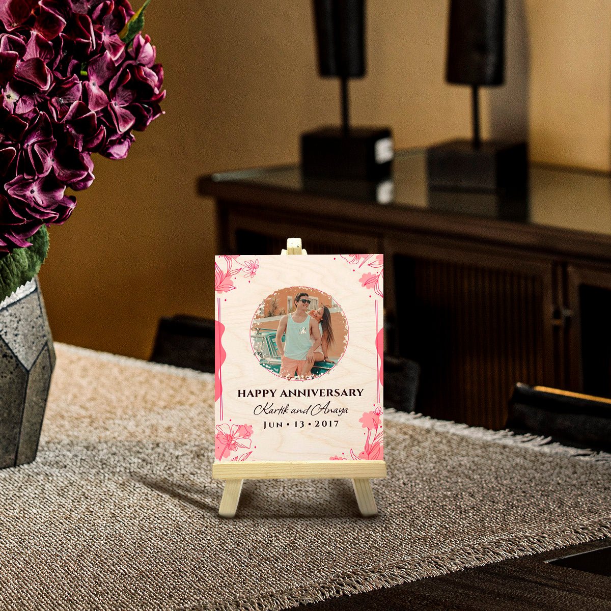 Anniversary Wood Print – Floral Border Couple Photo - Sblossom