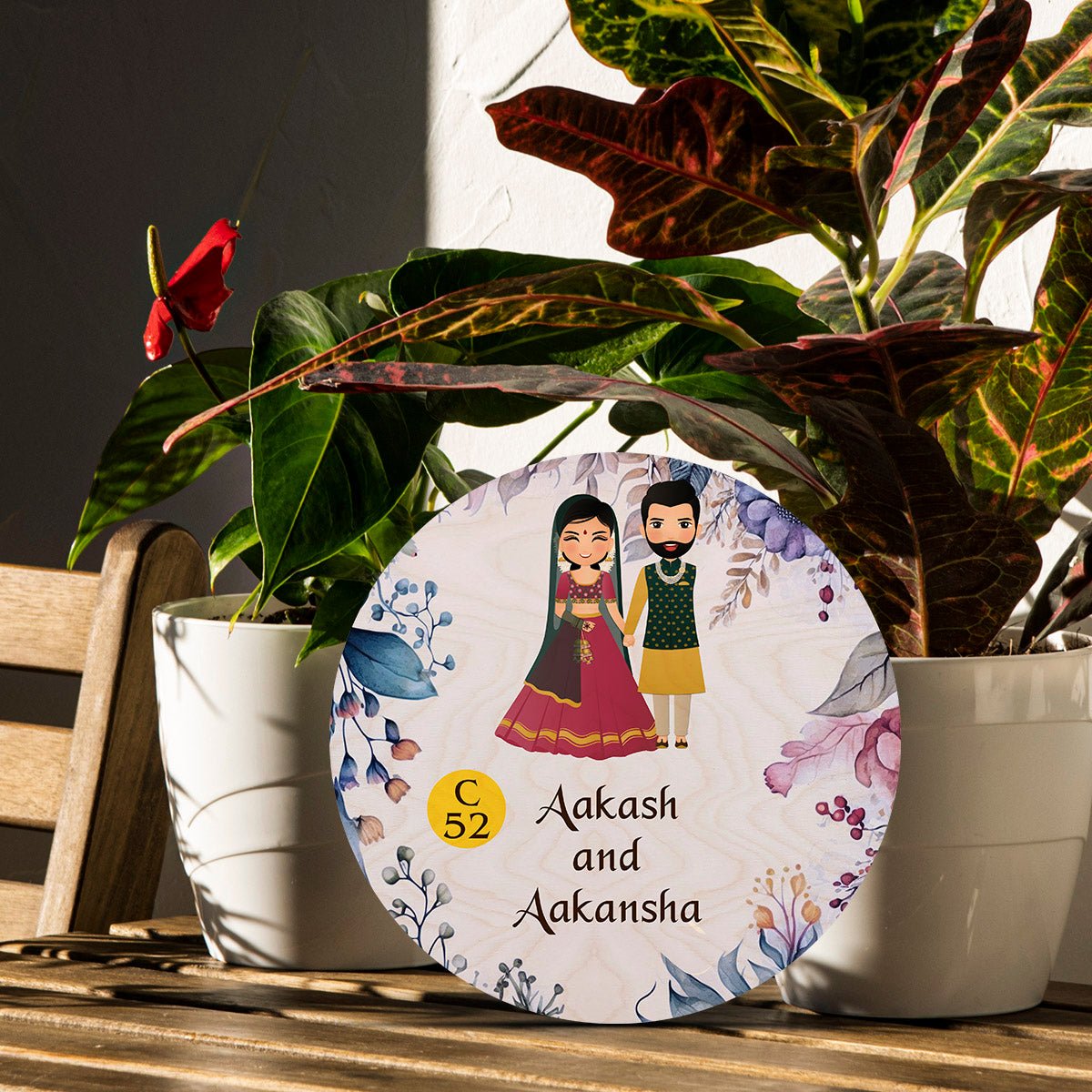 Antique Name Plate for Home – Couple with Floral Art - Sblossom