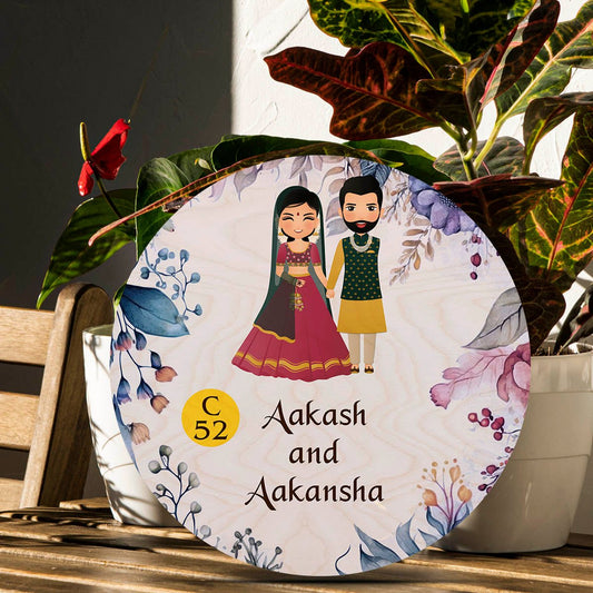 Antique Name Plate for Home – Couple with Floral Art - Sblossom