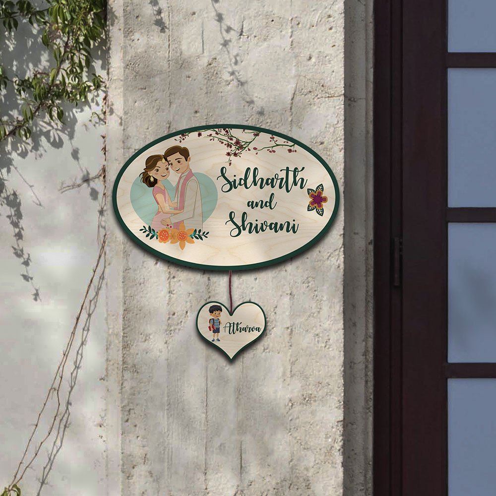 Apartment Name Plate – Oval Wooden Couple for Flat Door - Sblossom