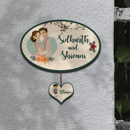 Apartment Name Plate – Oval Wooden Couple for Flat Door - Sblossom