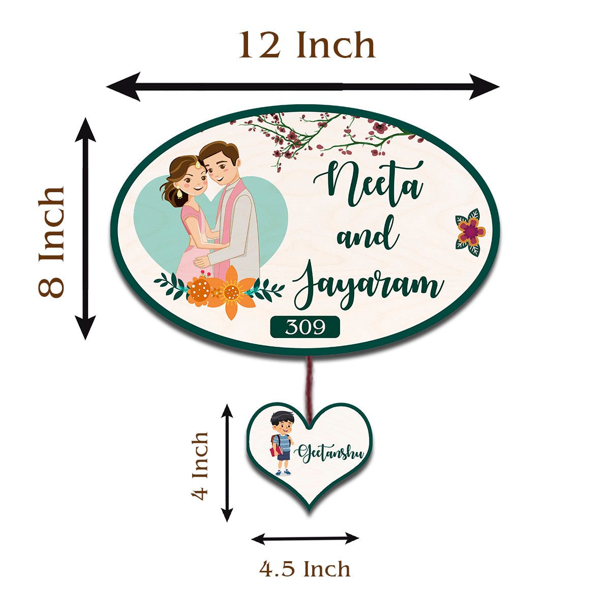Apartment Name Plate – Oval Wooden Couple for Flat Door - Sblossom
