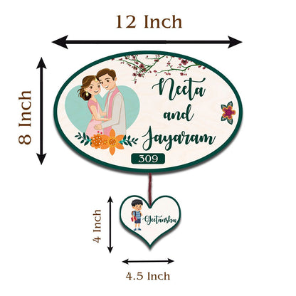 Apartment Name Plate – Oval Wooden Couple for Flat Door - Sblossom