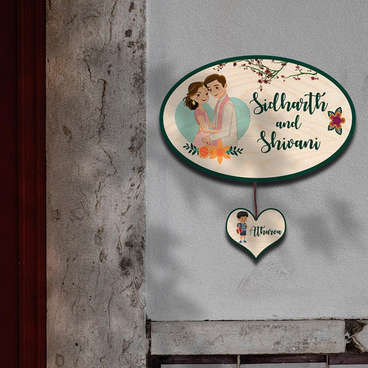 Apartment Name Plate – Oval Wooden Couple for Flat Door - Sblossom