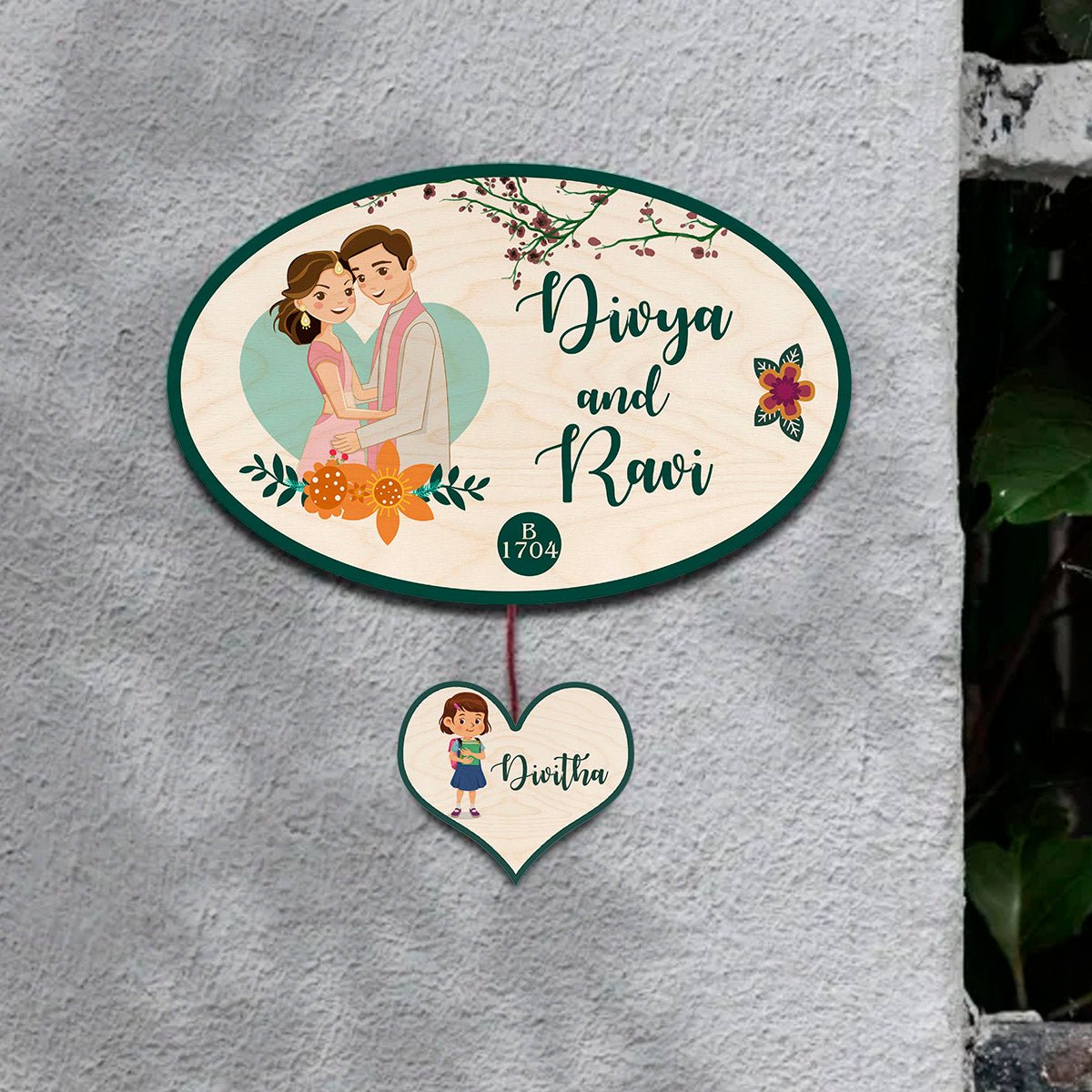 Apartment Name Plate – Oval Wooden Couple for Flat Door - Sblossom